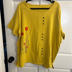 Women's Unbranded Blouse L Yellow chartreuse with Red embroidery